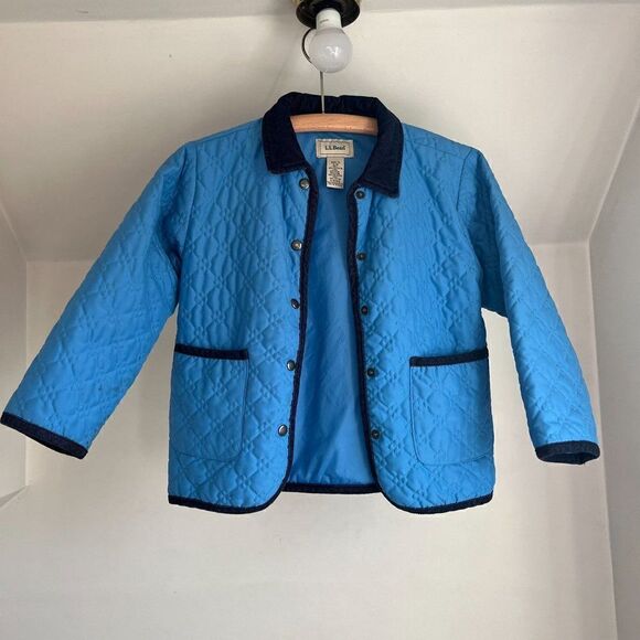 L.L. Bean Youth Kid's Quilted Jacket Chore Pocket Coat Blue Navy Corduroy Collar - Picture 1 of 9